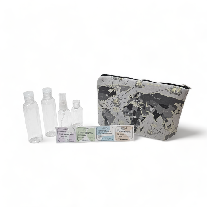 5% OFF - NECESER SIMIL NEOPREN + STICKERS + ATOMIZADOR + FRASCO CH + 2 FRASCOS GRANDES - MAPA GRIS